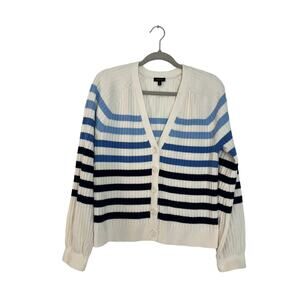TALBOTS WOMEN'S STRIPED CARDIGAN CREAM & BLUE COTTON BLEND SIZE MEDIUM